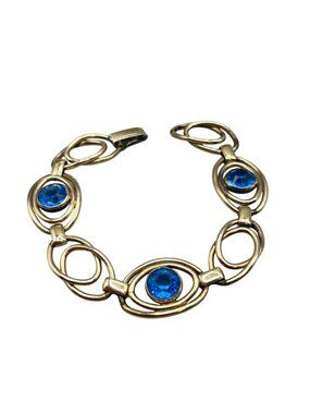 Vintage Gold Filled Over Silver Bracelet Blue Glass Stones 6.5" Link Bracelet